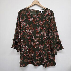 Motherhood Maternity Women’s Large Floral Shirt Blouse 3/4 Ruffle Sleeve Green